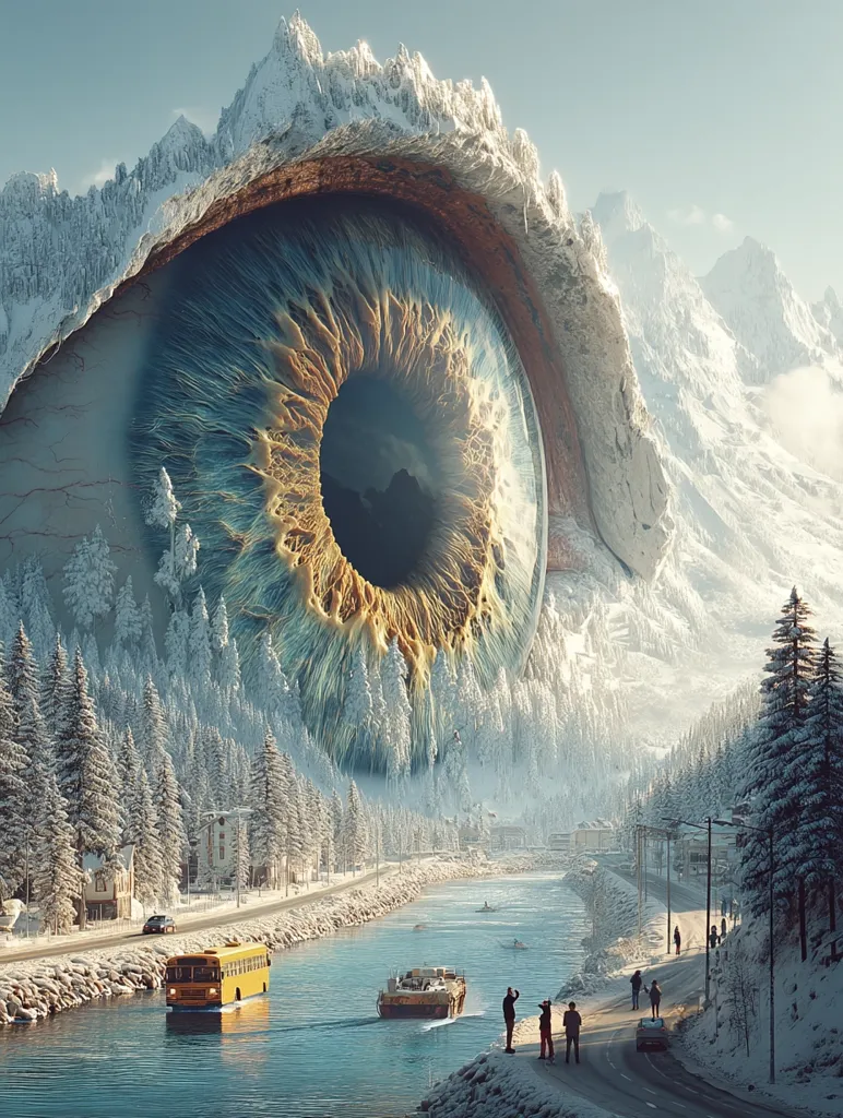 A colossal eye, formed from a snow-capped mountain, overlooks a wintery landscape.  A canal winds through a snow-covered village, past a school bus and small boats.  People stand on the canal bank, dwarfed by the immense eye, creating a surreal and awe-inspiring scene. The image blends fantasy with realism, showcasing a breathtaking, otherworldly vista.