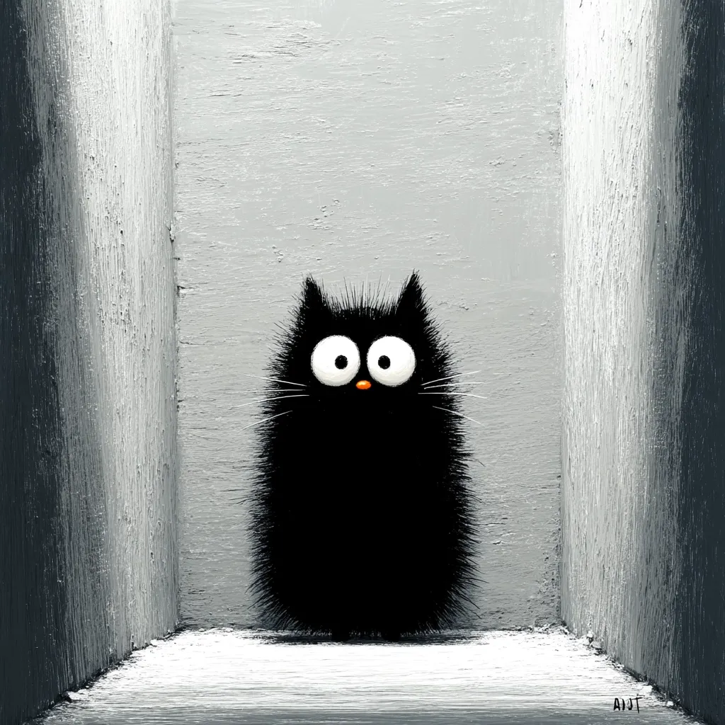 A whimsical painting depicts a fluffy black cat with large, expressive eyes, standing in a corner.  The cat is rendered in a simplistic, almost cartoonish style, against a muted grey background. The overall mood is playful and slightly mysterious, with the cat appearing both curious and slightly apprehensive. The texture of the painting is visible, giving it a tactile quality.