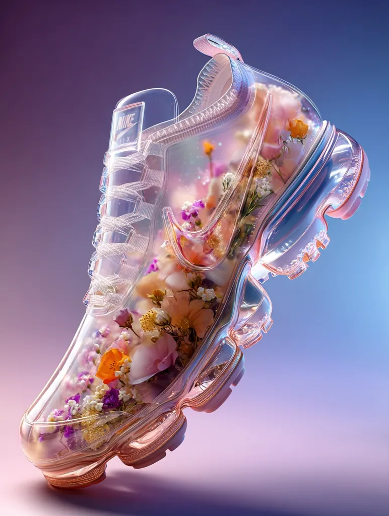 A transparent Nike VaporMax shoe is filled with delicate pressed flowers, creating a beautiful, ethereal effect.  The pastel pink and clear sole contrasts with the vibrant multicolored blooms nestled within the shoe's design.  The image showcases a unique and artistic fusion of athletic footwear and floral artistry.  The shoe appears to be suspended against a soft, blurred purple and blue background.