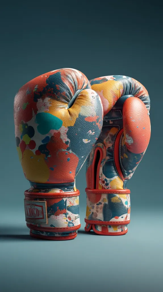 A pair of vibrant boxing gloves, adorned with a colorful splatter paint design, stand against a muted teal backdrop. The gloves, seemingly handcrafted, showcase a unique blend of artistic expression and sporting equipment. The paint's random splashes of red, yellow, blue, and green create a dynamic visual contrast against the leather.  The brand label is partially visible on one glove.  The image's lighting and composition highlight the texture and detail of the gloves.