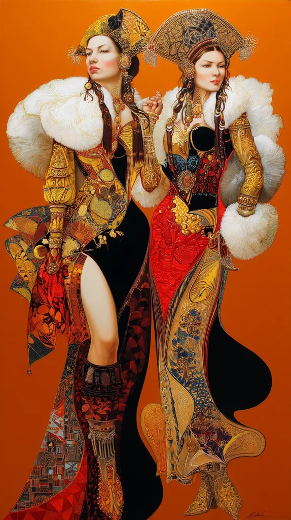 Two women, adorned in elaborate, richly colored gowns and headdresses, stand against a vibrant orange backdrop. Their attire is a fusion of ornate patterns and textures, suggesting a blend of cultures.  Intricate gold detailing and luxurious fur accents complement the bold reds and blacks of their dresses.  The artwork is highly detailed, showcasing the artist's skill in capturing the richness of fabric and the elegance of the figures.
