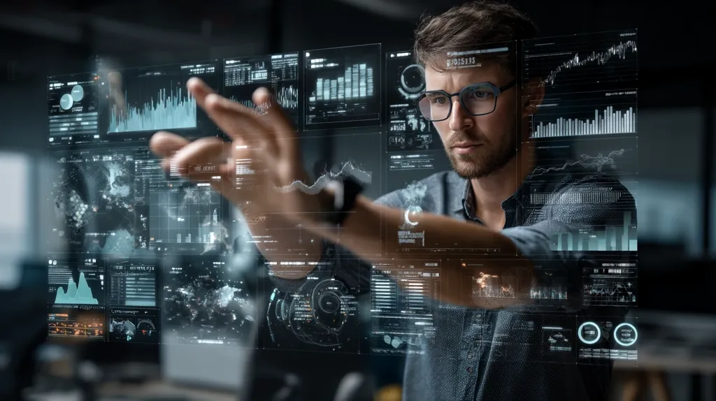 A man wearing glasses interacts with a holographic display showcasing numerous data visualizations.  The interface presents a complex array of graphs, charts, and numerical data, suggesting advanced data analysis or technological control.  His focused expression and hand gestures indicate active engagement with the intricate digital information projected before him. The scene evokes a futuristic technological setting.