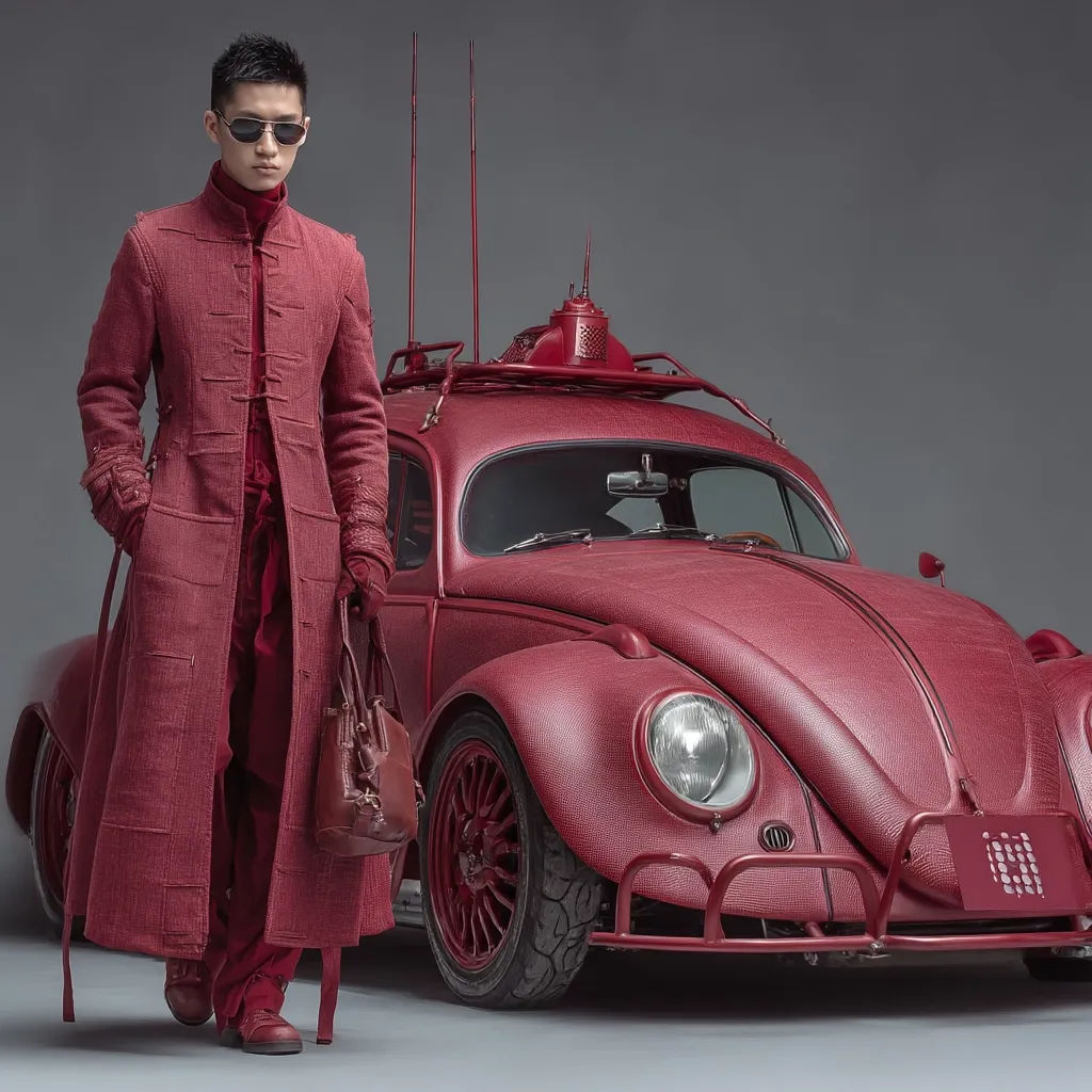A stylish man in a long, crimson coat and sunglasses stands beside a custom-modified, burgundy Volkswagen Beetle.  The car features a unique textured paint job and added accessories, giving it a futuristic, retro look.  The man carries a brown leather handbag, complementing his monochromatic attire and the car's color scheme.  The overall scene is sophisticated and evocative of a fashion shoot.
