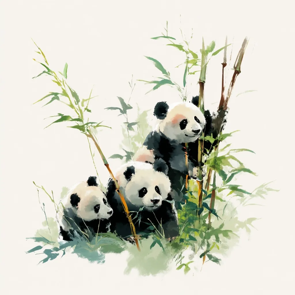 A watercolor painting depicts three adorable panda cubs amidst lush bamboo stalks.  One panda is perched higher, seemingly climbing, while the others are nestled amongst the greenery below. The soft, painterly style creates a serene and charming scene, evoking the peaceful ambiance of their natural habitat. The light color palette enhances the overall gentleness of the image.