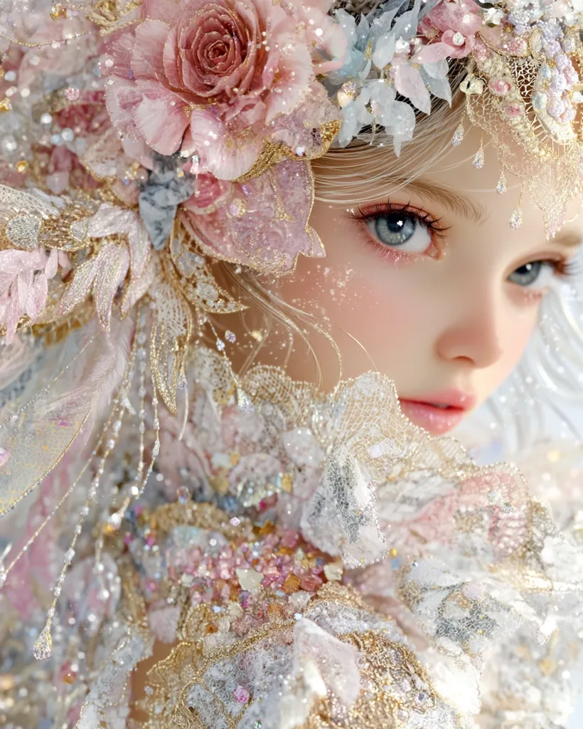 A digital painting of a young girl adorned in an elaborate, ethereal headdress and gown.  The headpiece is a cascade of delicate pink and white flowers, sparkling crystals, and gold accents. Her blonde hair peeks from beneath, framing a face with striking blue eyes. The gown is equally ornate, featuring layers of lace, shimmering fabrics, and delicate beading in shades of pink, white, and gold, creating a dreamy, fairytale-like aesthetic.