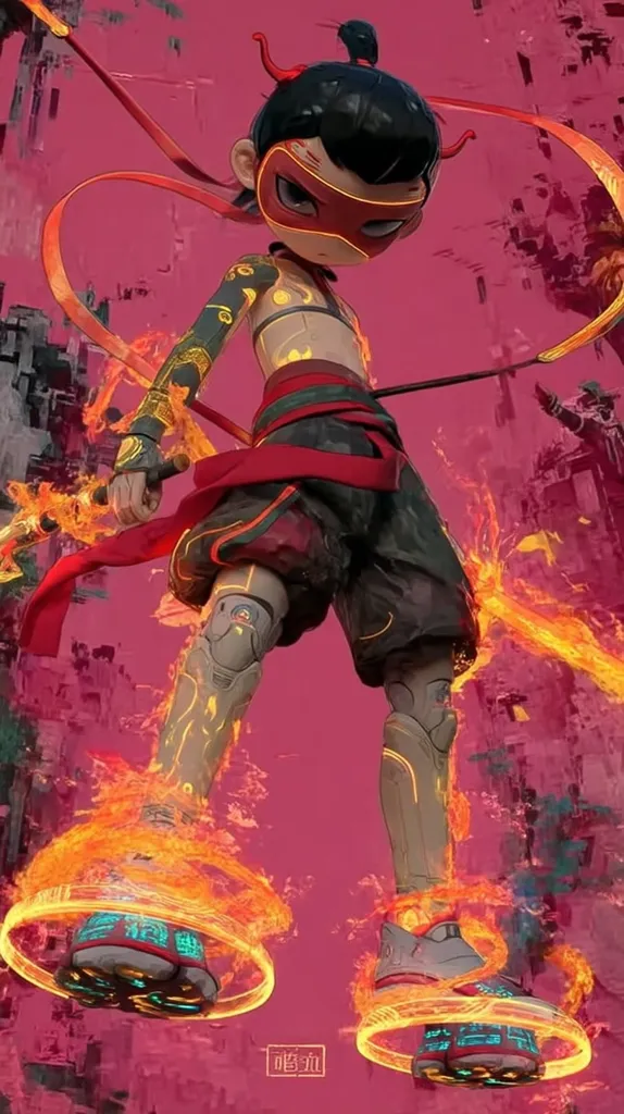 A stylized illustration depicts a young, anime-inspired character, possibly male, wielding a flaming sword.  Clad in red and black attire with futuristic, glowing armor accents, he stands against a vibrant pink and orange background featuring fiery effects around his feet.  The artwork suggests a dynamic, action-oriented scene with a blend of traditional and futuristic elements. The character's mask adds to the mysterious and powerful aura.