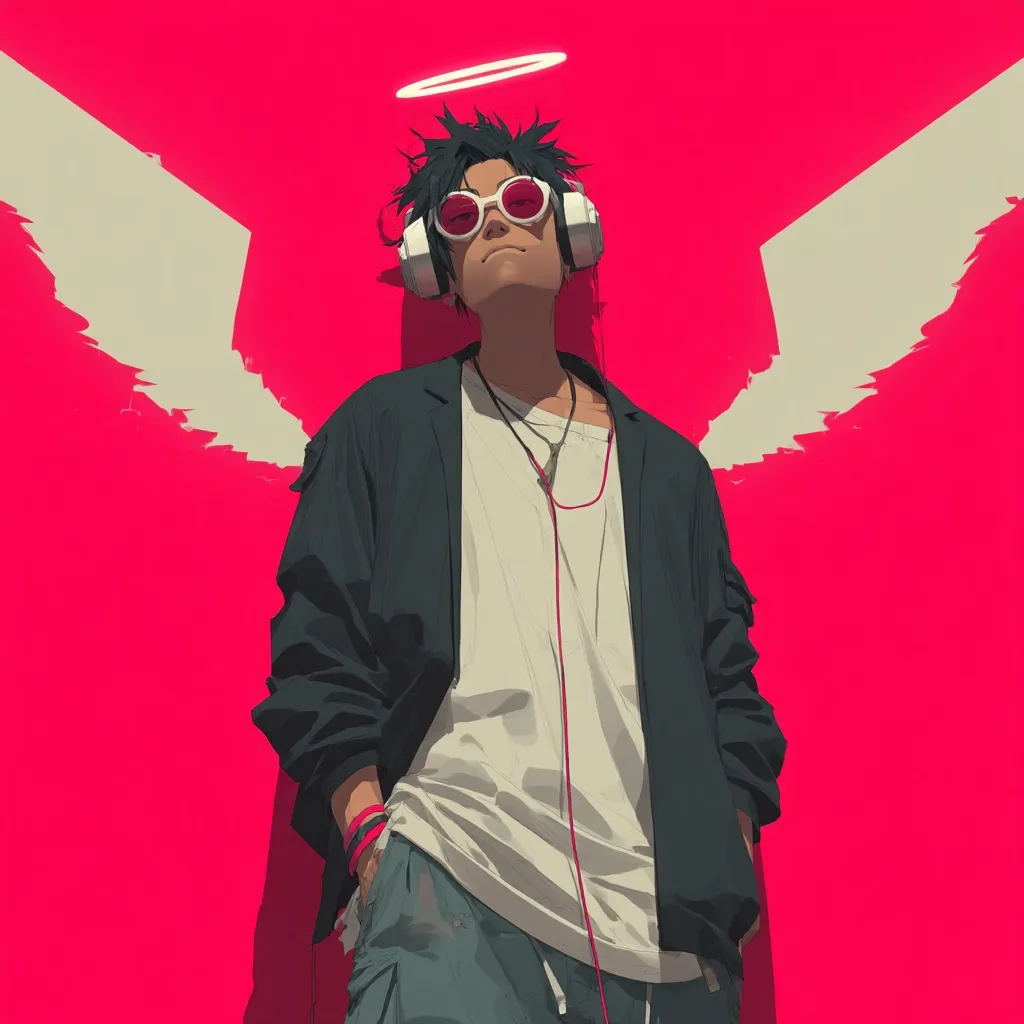 A stylized anime-inspired illustration depicts a young person with spiky hair, wearing oversized headphones, pink sunglasses, and a black jacket over a white shirt.  A halo and stylized white wings are behind them, set against a vibrant pink background. The overall aesthetic is bold and modern, blending elements of pop culture and religious iconography. The image conveys a sense of cool indifference and unique style.
