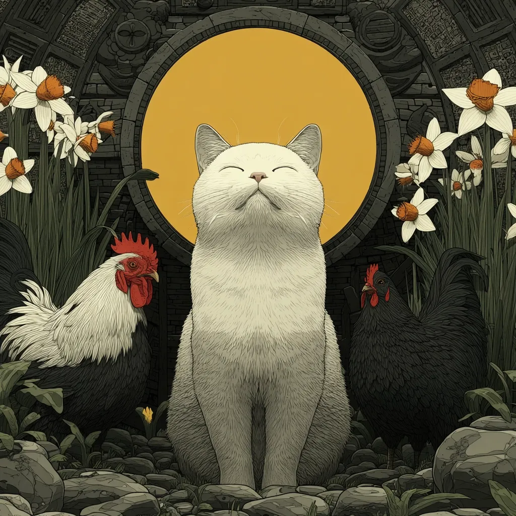 A serene illustration depicts a white cat sitting peacefully between a rooster and hen.  They are positioned before an ancient stone archway with a large, yellow sun behind it.  Daffodils flank the scene, adding to the tranquil, almost mystical atmosphere. The detailed, stylized artwork features dark, muted tones contrasting with the bright yellow and white.