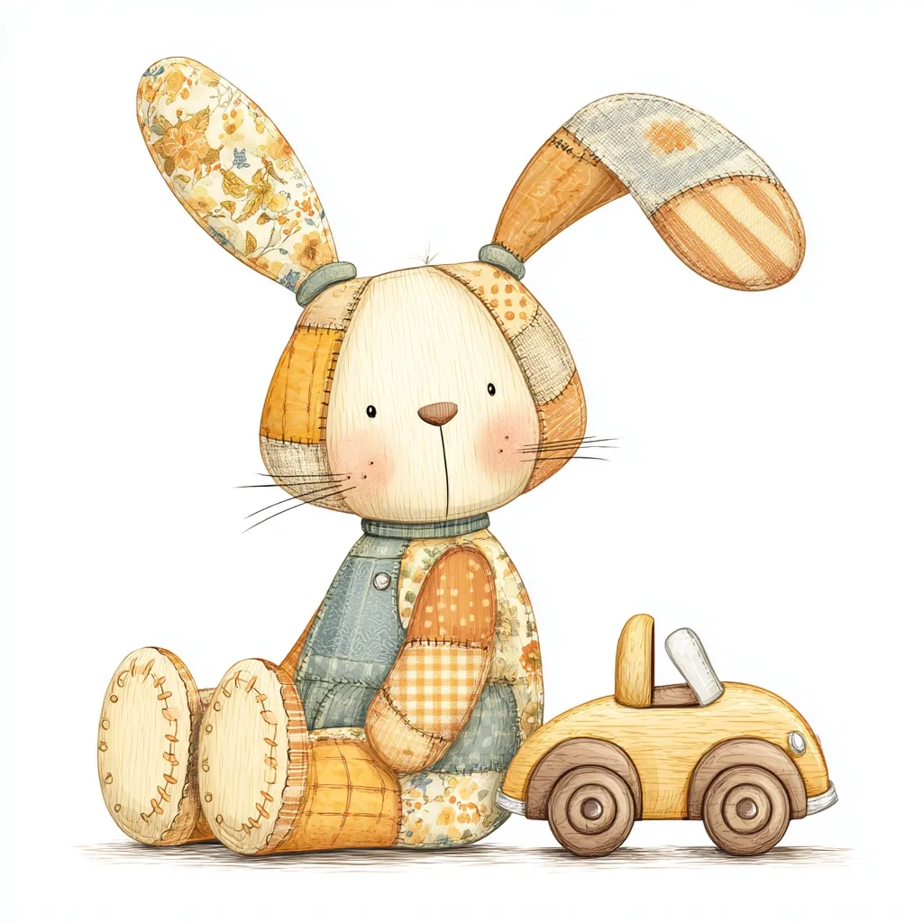 A charming illustration of a patchwork bunny sitting beside a yellow toy car. The bunny is crafted from various fabric scraps in warm, autumnal tones, creating a cozy, handmade aesthetic.  Its large ears and endearing expression add to its appealing character. The simple, yet detailed, style suggests a child's toy or a whimsical nursery decoration.