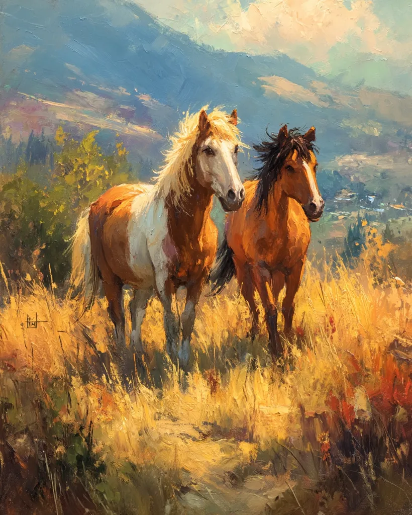 Two horses stand in a sun-drenched field, bathed in the golden light of a late afternoon.  The palomino horse, with a distinctive white blaze, stands slightly ahead of its chestnut companion.  Rolling hills and a distant valley form a stunning backdrop, painted in hues of blue and green. The artist captures the tranquility of the scene with a vibrant, textured brushstroke.