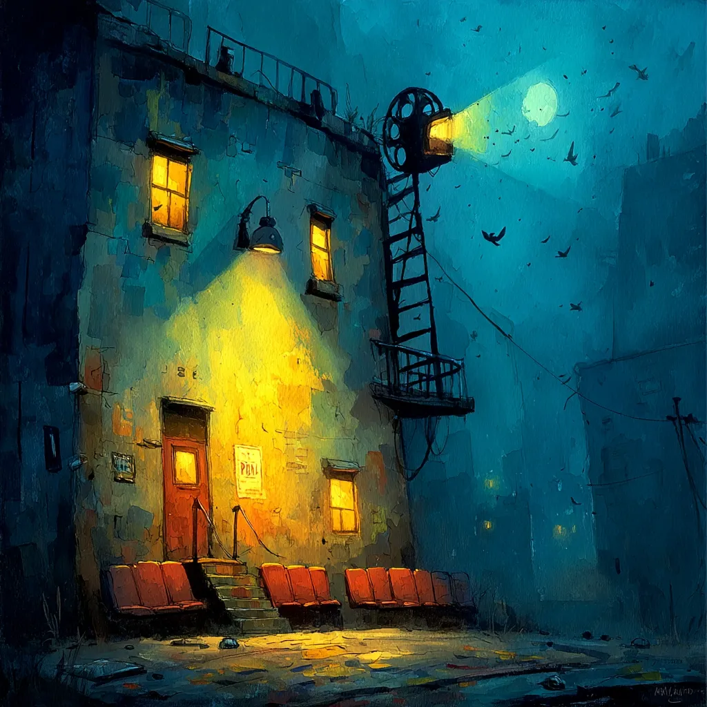 A nighttime scene depicts a worn, two-story building bathed in warm, yellow light emanating from its windows and a street lamp.  A projector sits atop an exterior metal staircase, its beam casting a glow against a dark, moonlit sky filled with flying birds. Red theater seats are arranged outside, suggesting a small, possibly abandoned, cinema. The overall mood is atmospheric and slightly melancholic.