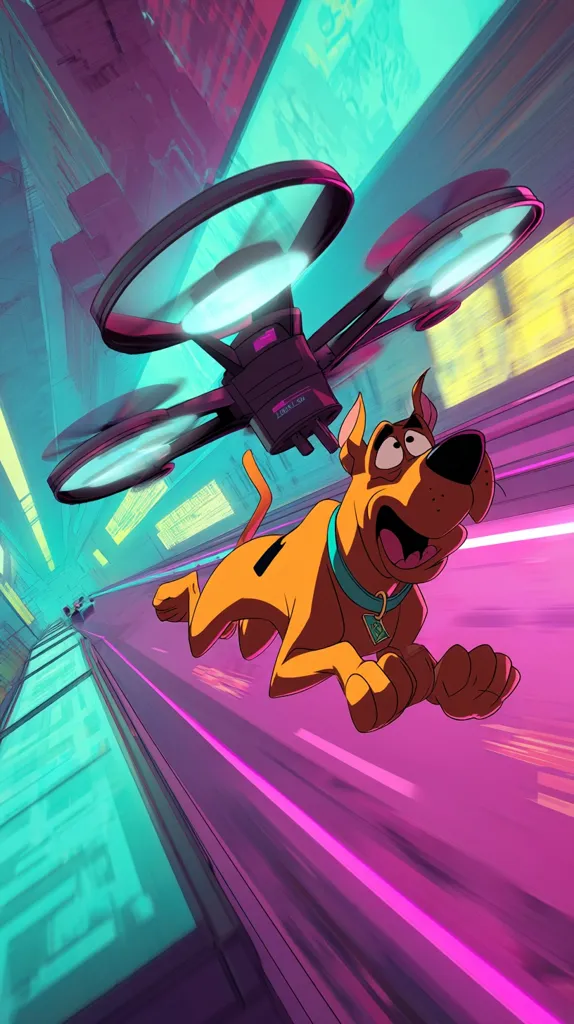 Scooby-Doo runs through a vibrant, futuristic cityscape, pursued by a sleek, black drone.  Neon lights streak across the scene in shades of pink and teal, creating a dynamic, high-speed chase.  Scooby's joyful expression contrasts with the intensity of the environment, suggesting a thrilling, action-packed adventure.  The artwork features bold lines and saturated colors, emphasizing the energetic atmosphere.