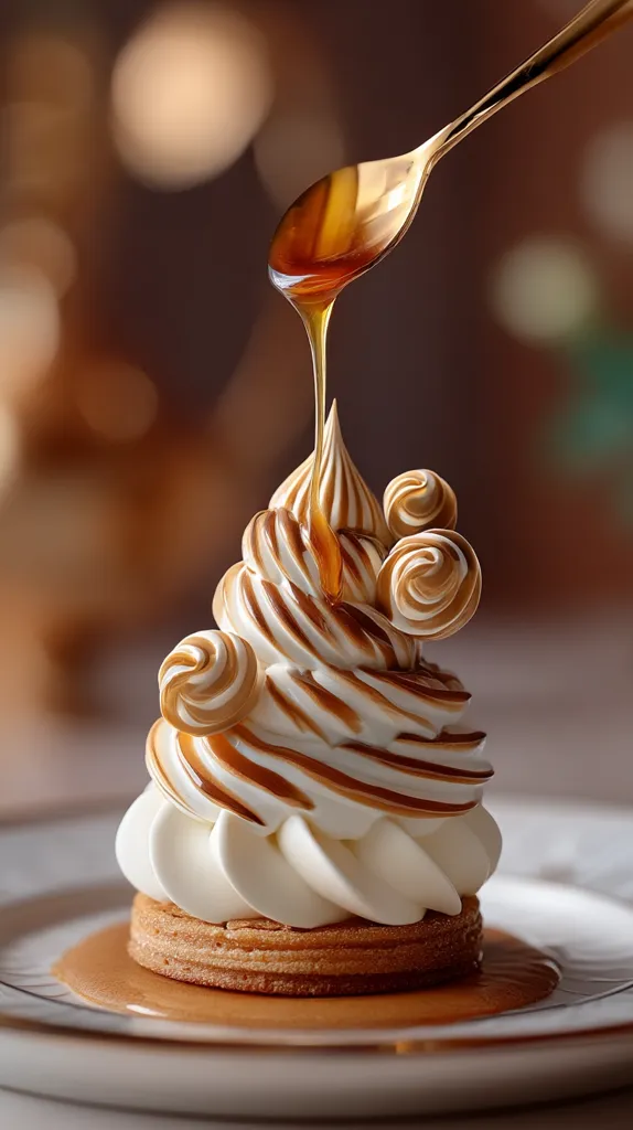 A delectable dessert is elegantly presented.  A golden spoon drizzles a caramel sauce over a creamy, meringue-topped pastry. The swirls of meringue create a visually appealing texture, resting atop a golden-brown base.  The dessert sits on a pristine white plate, showcasing its delicate beauty. The warm, golden tones of the caramel and pastry complement the cool white of the meringue.