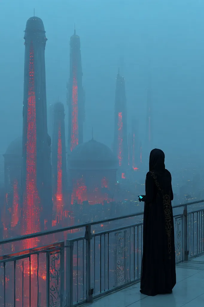 A lone figure, cloaked in black, stands on a rooftop overlooking a futuristic city shrouded in mist.  Tall, slender towers glow with an internal red light, creating a striking contrast against the cool-toned atmosphere. The scene is atmospheric and evocative, suggesting a blend of mystery and technological advancement. The figure holds a small device, seemingly observing the cityscape below.