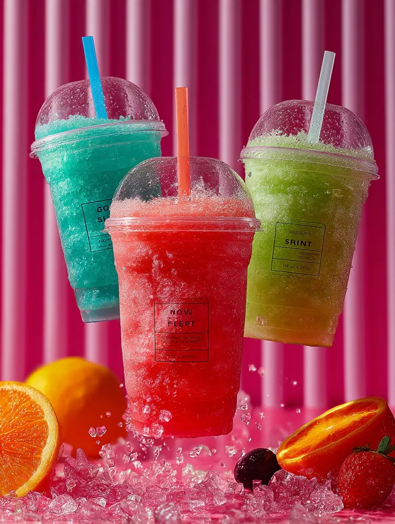 Three vibrant frozen slushies in clear plastic cups levitate against a pink striped backdrop.  A blue, a green, and a red slushy are depicted, each with a straw.  Crushed ice and assorted fresh fruit, including oranges and strawberries, surround the base, creating a refreshing summer scene.  Minimalist branding labels are visible on each cup.