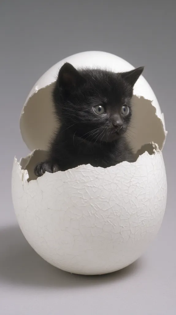 A tiny black kitten sits inside a cracked, large white egg.  The kitten's fur is dark and fluffy, and its eyes are wide and alert.  The egg shell is textured and shows signs of breakage, creating a whimsical contrast between the delicate shell and the robust kitten. The image is set against a plain grey background.