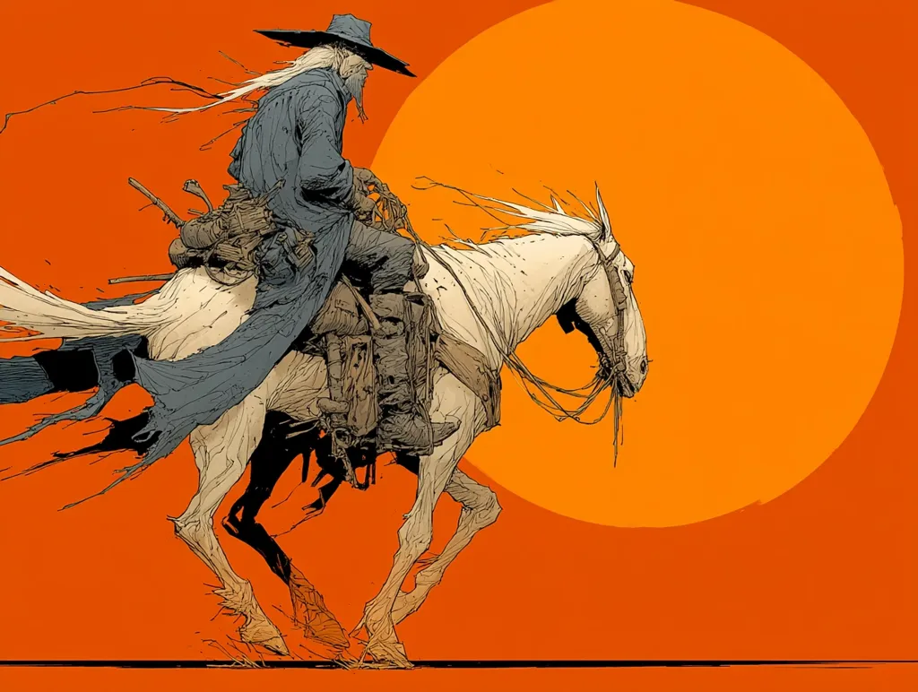 A stylized illustration depicts a lone cowboy, weathered and long-haired, riding a white horse against a large orange sun.  His attire is a long coat and wide-brimmed hat. The horse is depicted with dynamic movement, its mane and tail flowing. The overall style is graphic and somewhat abstract, with a focus on line work and contrast. The scene evokes a sense of the American West.