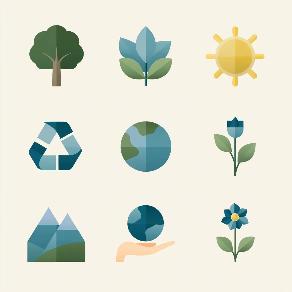 A collection of nine minimalist environmental icons.  These include a tree, plant, sun, recycling symbol, earth globe, flower, mountains, and a hand holding the earth.  The style is flat, using muted greens and blues, creating a cohesive and calming visual representation of nature and sustainability.