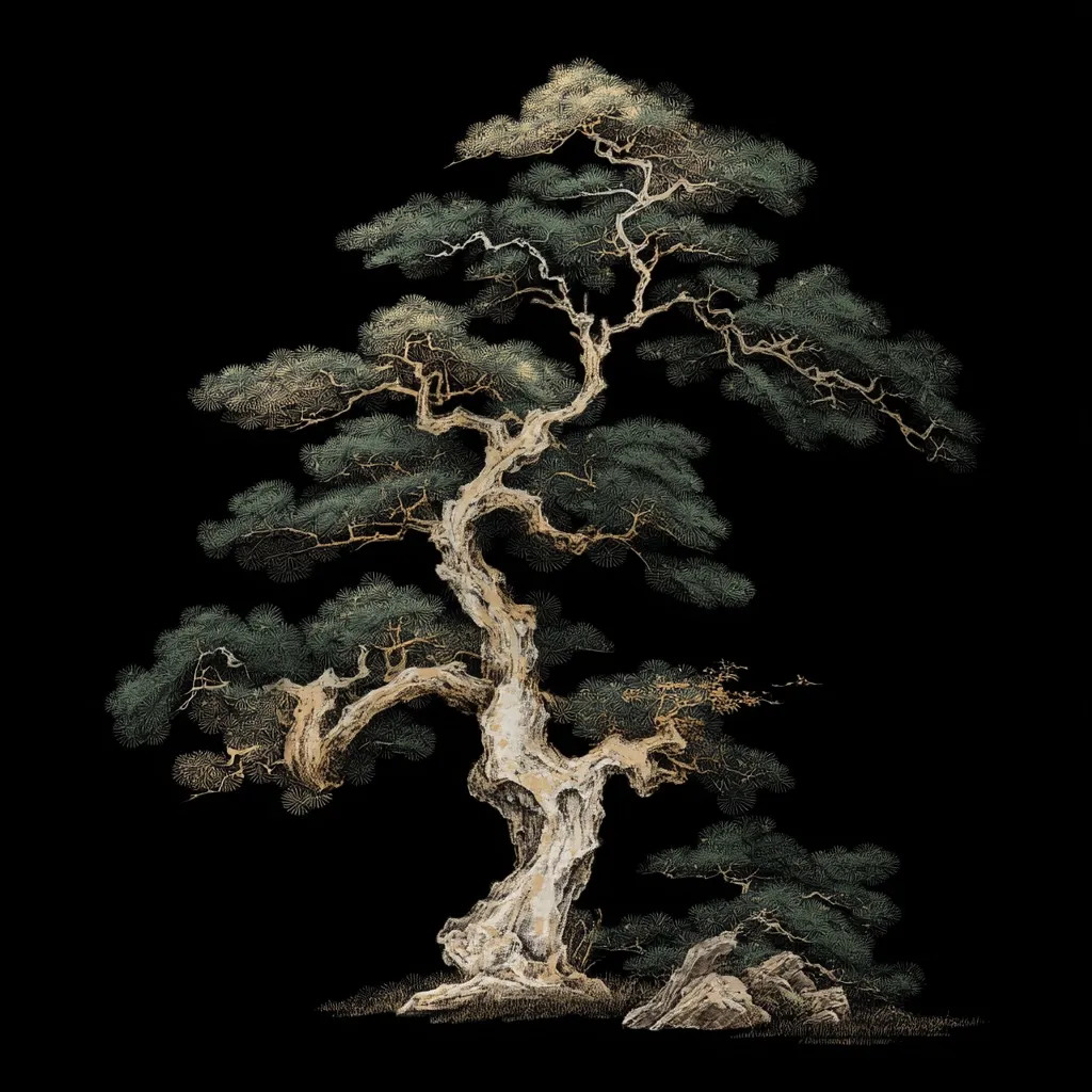 A detailed illustration showcases a majestic pine tree, its aged, gnarled trunk a striking contrast to the vibrant green needles. The tree's branches spread wide, creating a sense of age and resilience.  The style suggests traditional East Asian art, with meticulous detail in the texture of bark and needles against a stark black background.  Rocks at the base add to the composition's grounded aesthetic.