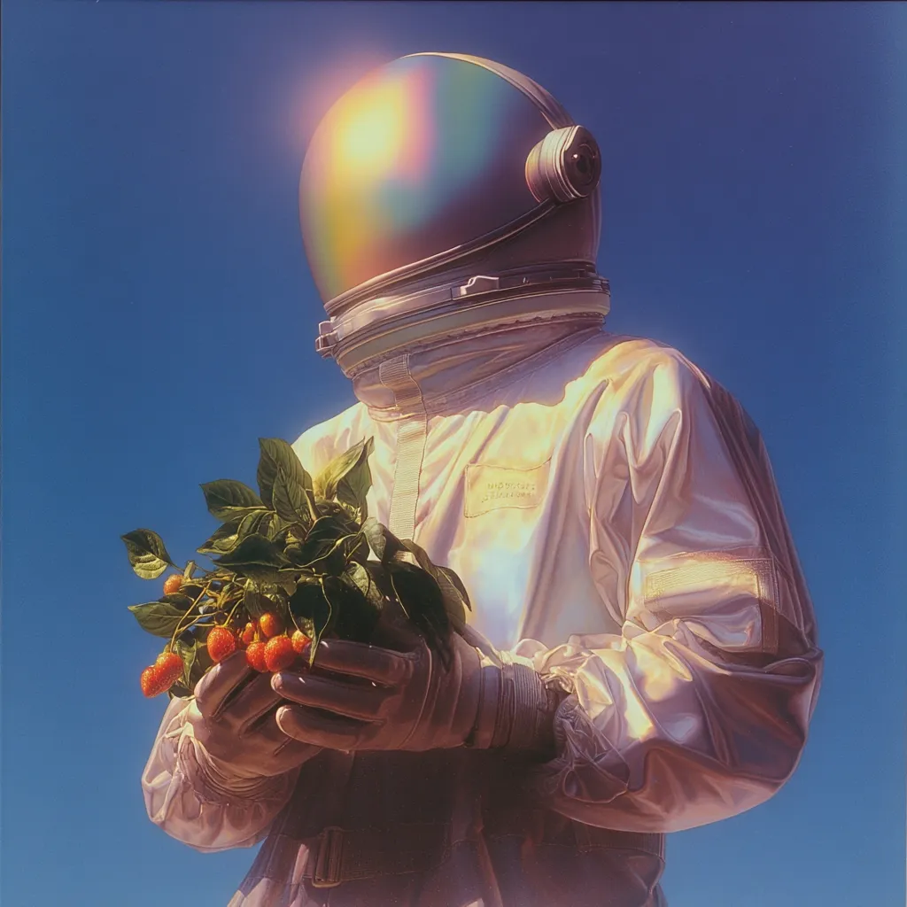 An astronaut, clad in a shimmering white spacesuit with an iridescent helmet, gently cradles a vibrant green plant laden with ripe red berries.  The scene is set against a clear, azure sky, bathed in warm sunlight.  The image evokes a sense of serenity and a juxtaposition of the futuristic with the natural world.  The astronaut's careful handling of the plant suggests a connection to nature, even beyond Earth.