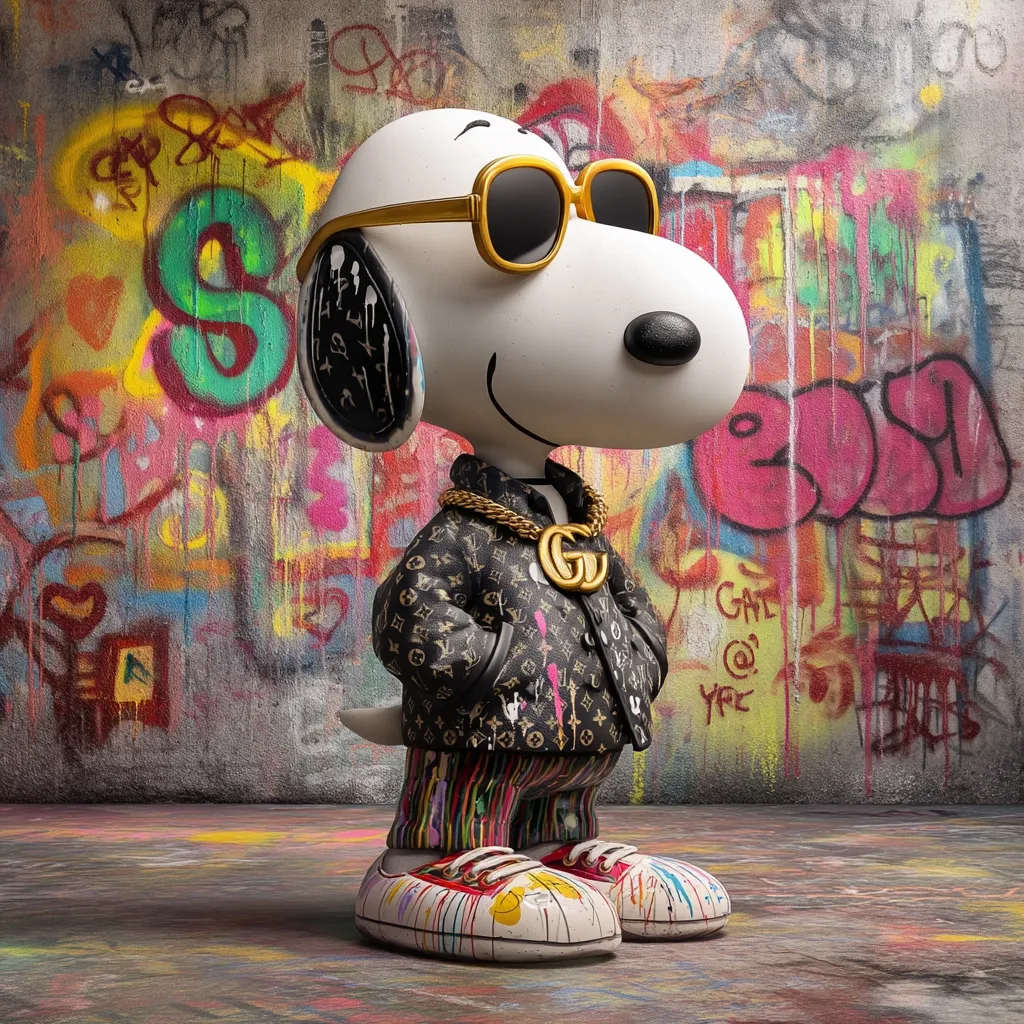 A stylishly dressed Snoopy statue stands against a vibrant graffiti-covered wall.  He sports gold-rimmed sunglasses, a Gucci-branded jacket, a gold chain, and brightly colored pants and shoes, all adorned with paint splatters.  The overall effect is a hip, contemporary take on the classic Peanuts character, juxtaposed against a gritty urban backdrop.