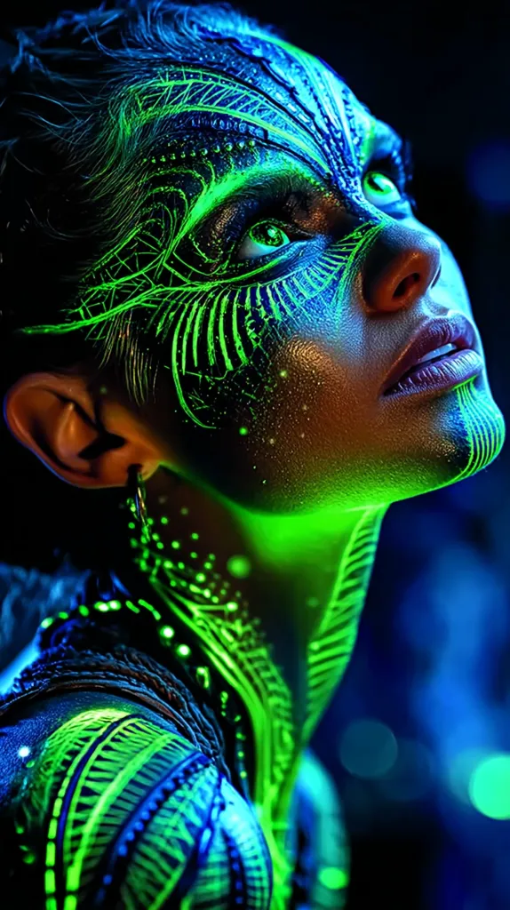 A person's face and body are adorned with intricate, glowing green body paint, creating a striking visual effect. The design appears futuristic and technological, with lines and patterns resembling circuitry or bioluminescence. The model's gaze is directed upward, adding to the ethereal and otherworldly atmosphere. The dark background enhances the vibrant glow of the paint.