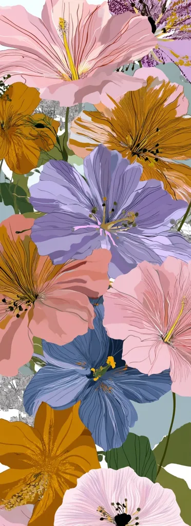 A vibrant bouquet of stylized flowers in various pastel shades.  Pink, purple, blue, and orange blossoms overlap, creating a dense, layered effect.  The flowers are depicted with detailed veining and delicate coloring, suggesting a hand-drawn or digitally painted aesthetic.  The composition is visually rich and evokes a feeling of springtime abundance.