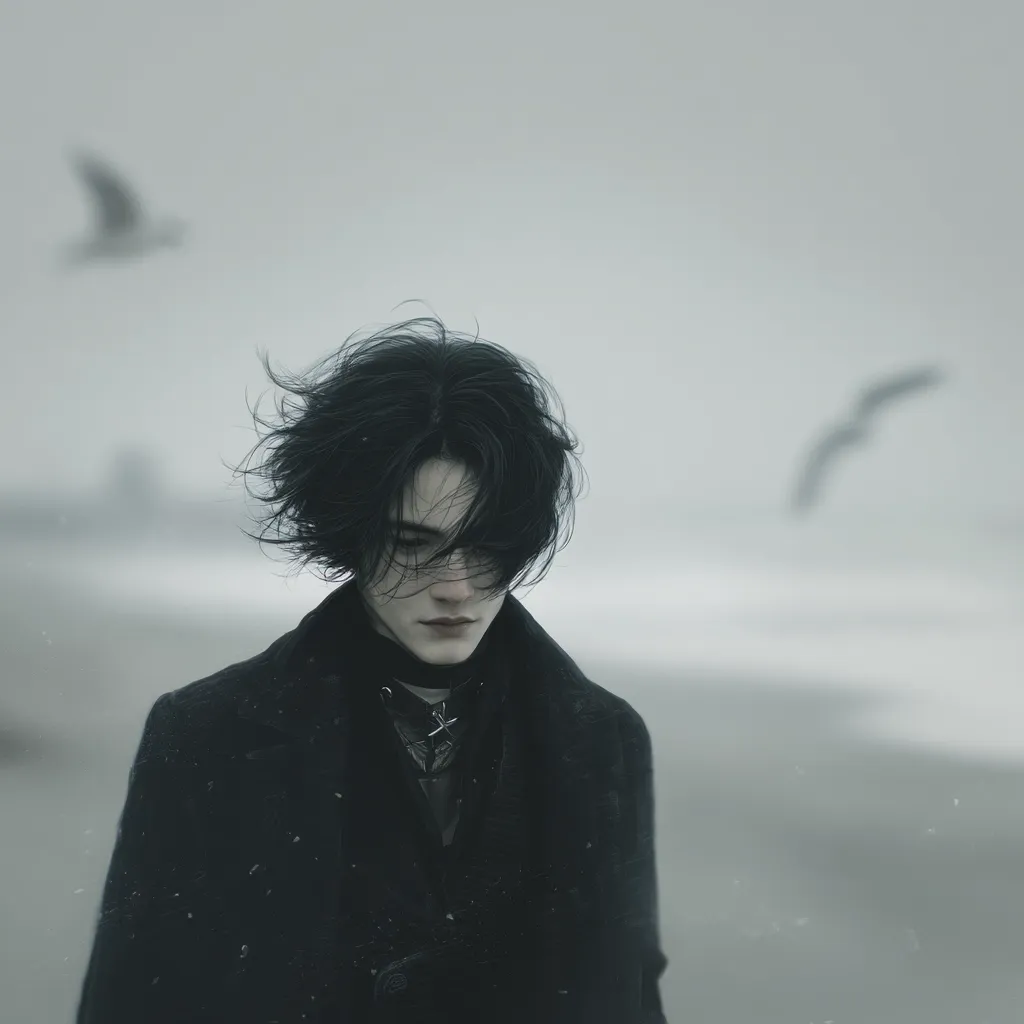 A young man with dark, windswept hair stands on a desolate beach.  He wears a dark coat and choker, his gaze downcast.  A somber mood pervades the image, enhanced by the gray sky and the distant, blurry figures of birds in flight.  The overall aesthetic is moody and evocative, suggestive of loneliness and introspection.  Snow or sand lightly dusts the scene.