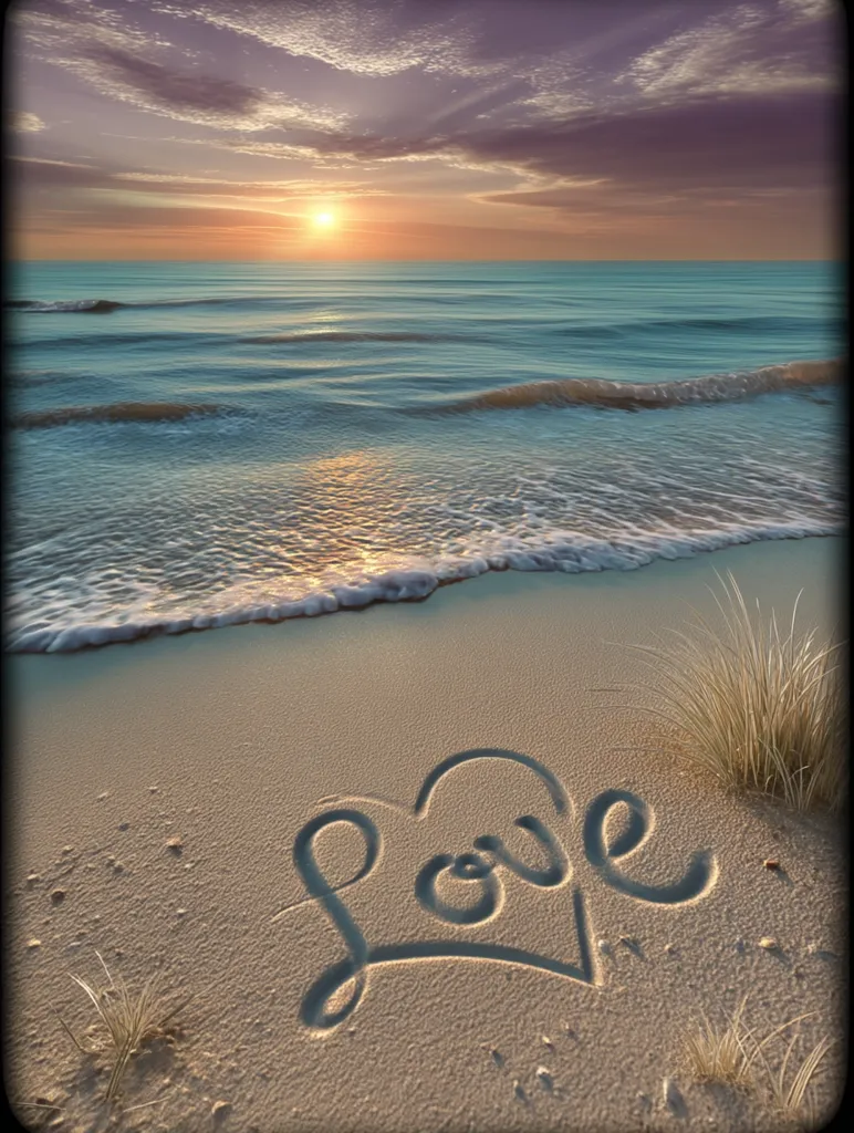 A serene sunset over a tranquil ocean scene. Gentle waves lap a sandy beach where the word "Love" is artfully written in the sand, forming a heart shape. The warm hues of the setting sun cast a golden glow on the water and beach, creating a romantic and peaceful ambiance.  Seagrass adds to the natural beauty of the shore.
