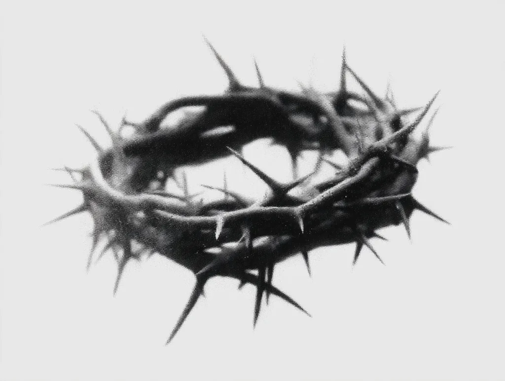 A monochrome close-up depicts a crown of thorns, a circular arrangement of intertwined thorny branches.  The image is stark and detailed, showcasing the sharp points of each thorn against a plain white background. The texture of the branches is visible, emphasizing their rough and coarse nature. The overall effect is one of somber intensity and religious symbolism.