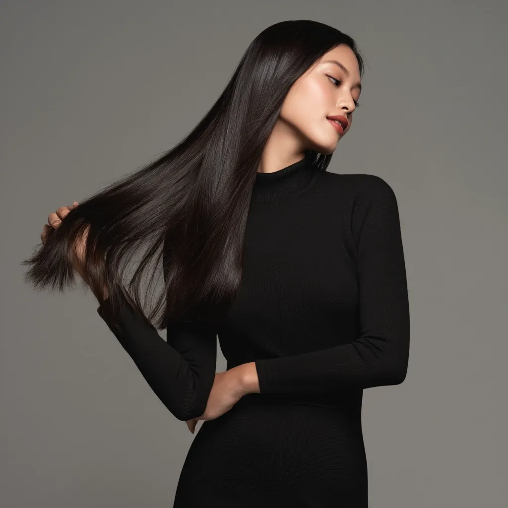 A young woman with long, straight, black hair is shown against a gray background. She is wearing a black, form-fitting turtleneck dress.  She gently holds a section of her hair, showcasing its shine and length. Her expression is serene and her makeup is minimal. The overall image is elegant and focuses on the beauty of the woman's hair and her sophisticated attire.