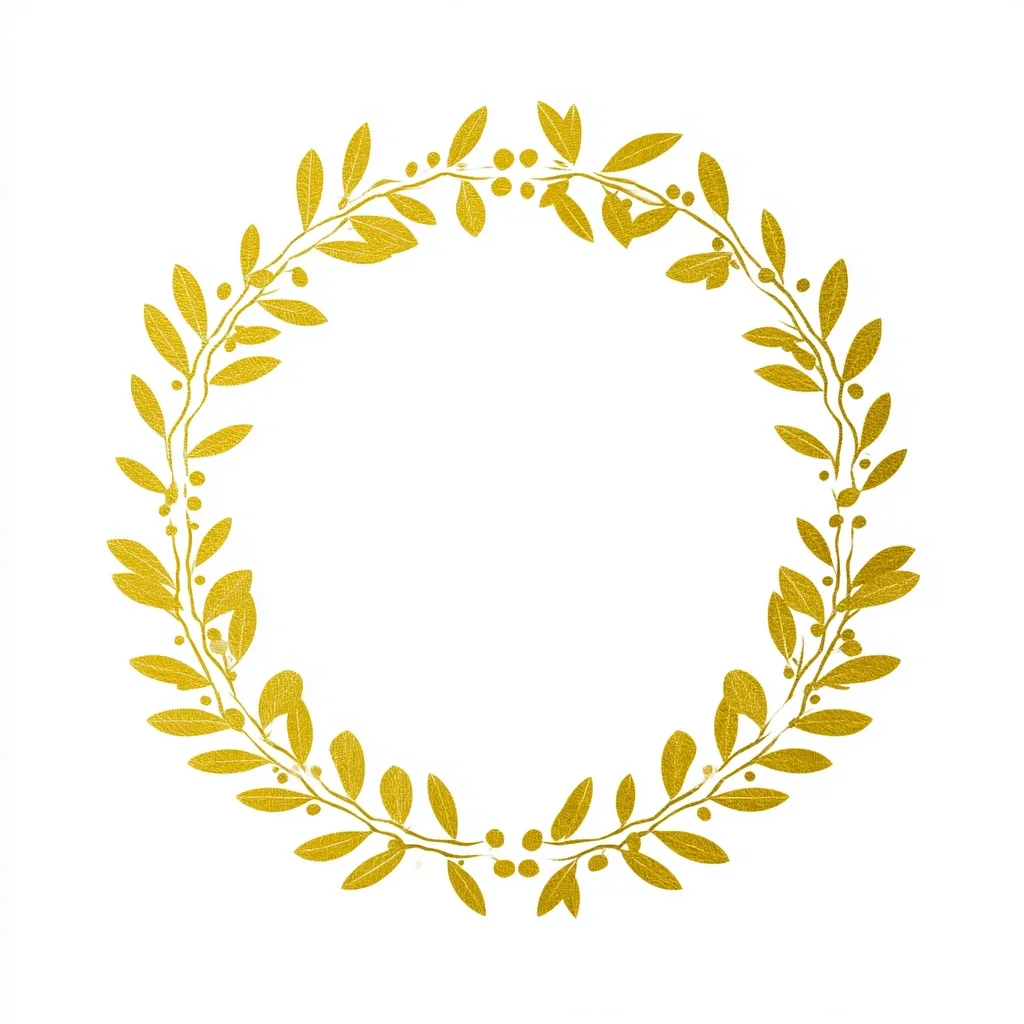 A circular golden wreath, delicately crafted with stylized leaves and berries, is presented against a stark white backdrop. The design is simple yet elegant, featuring a consistent pattern of leaves and small berries interspersed throughout the circular frame.  The gold has a textured appearance, giving the image a sense of richness and depth.  The empty center of the wreath provides space for text or an image.