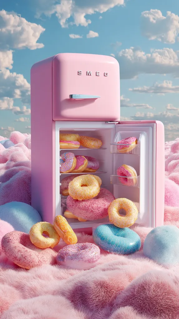 A pink SMEG refrigerator spills over with pastel-colored donuts onto a fluffy pink surface.  The scene is set against a dreamy, light blue sky with fluffy clouds.  Donuts are both inside the open refrigerator and scattered on the ground, creating a whimsical, sugary landscape. The overall aesthetic is light, sweet, and playful.