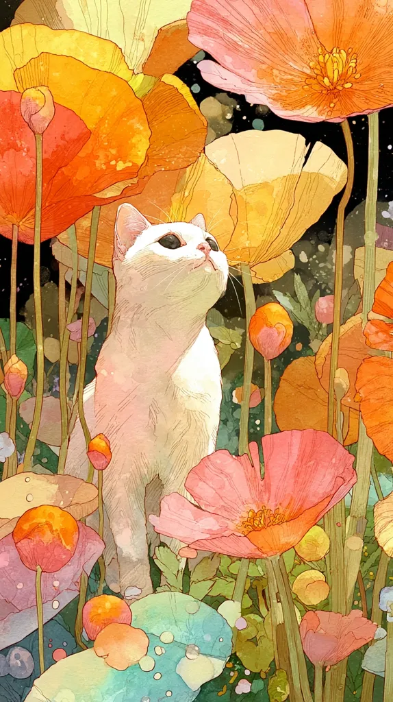 A white cat sits amidst a vibrant field of large, colorful poppies.  The flowers are rendered in soft watercolor hues of orange, pink, and yellow, their petals delicately detailed. The cat gazes upward, its expression serene. The overall style is whimsical and dreamlike, creating a sense of peaceful tranquility in a fantastical garden setting.  The background is dark, making the flowers and cat pop.