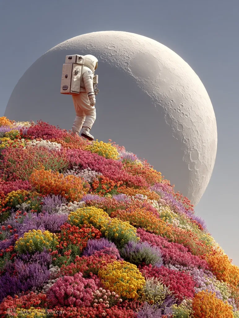 A lone astronaut in a spacesuit walks uphill on a vibrant, colorful hillside of flowers.  A large, pale moon dominates the background, creating a surreal and dreamlike scene. The contrast between the sterile spacesuit and the blooming flowers is striking, suggesting a juxtaposition of technology and nature. The overall mood is peaceful yet awe-inspiring.
