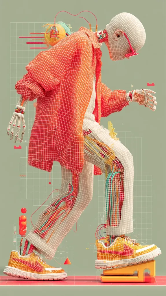 A digital artwork depicts a stylized robotic figure, seemingly a human-like android, walking. The figure is rendered in a wireframe style, revealing internal mechanical components overlaid with a vibrant orange jacket and beige pants.  It wears futuristic, yellow sneakers, stepping onto a small yellow platform.  Geometric elements and lines form a backdrop, adding a futuristic and technological aesthetic.