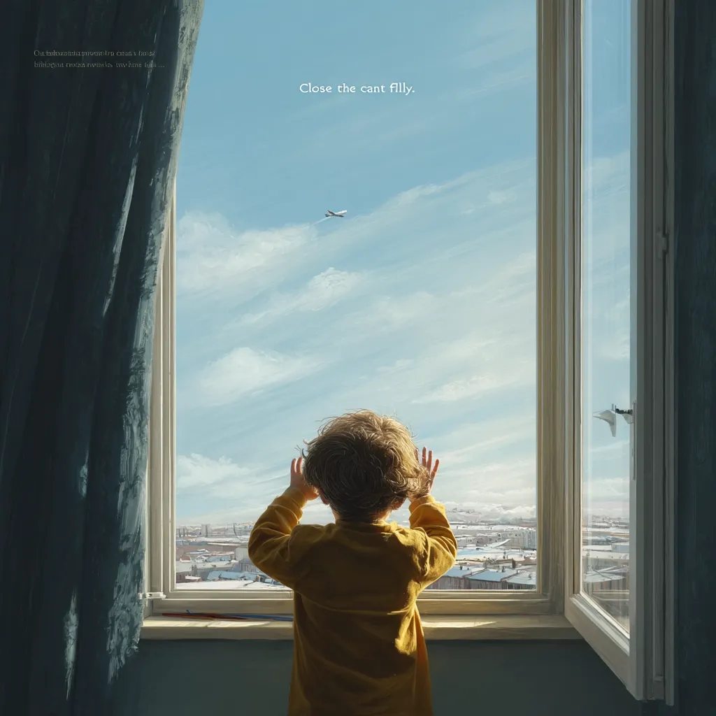 A toddler in a mustard yellow sweater stands at a window, gazing at a distant airplane in a bright, clear sky.  The city stretches below, a snowy landscape visible in the distance.  The text "Close the cant filly" is superimposed, adding an enigmatic element to the scene. The overall image evokes a sense of longing and wonder.