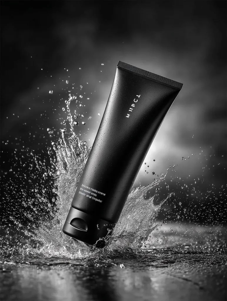 A black and white image showcases a sleek, black tube of MIPCL Exfoliating Face Cream, dramatically splashed with water.  The tube's minimalist design features the brand name and product description in subtle, elegant lettering.  The high-contrast photograph emphasizes the product's premium quality and refreshing nature, set against a dark, moody background.