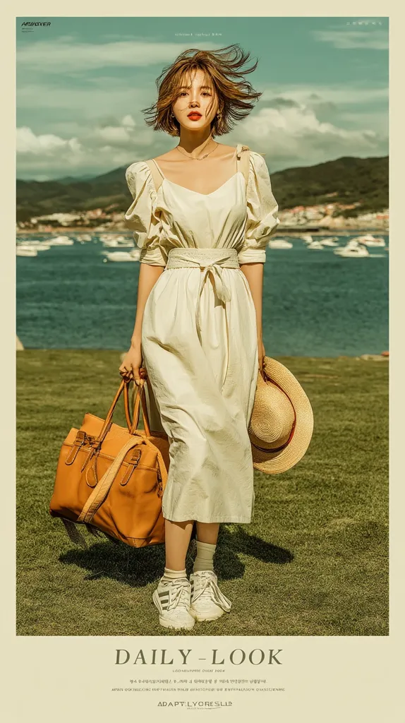 A young woman with short brown hair stands in a field, wearing a cream-colored puff-sleeve dress and white sneakers.  She carries a large brown leather tote bag and a straw sun hat. The background features a calm ocean and distant hills, creating a serene, summery atmosphere. The image has a vintage, slightly faded aesthetic.  The text "DAILY-LOOK" is prominently displayed at the bottom.