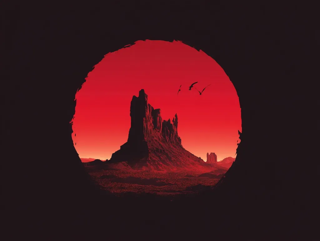 A circular frame reveals a dramatic desert landscape at sunset.  Crimson light bathes towering rock formations, casting long shadows. Two dark birds silhouette against the intense red sky. The scene is framed by a dark, cavernous opening, adding to its mysterious and evocative mood.  The overall effect is one of stark beauty and desolate grandeur.
