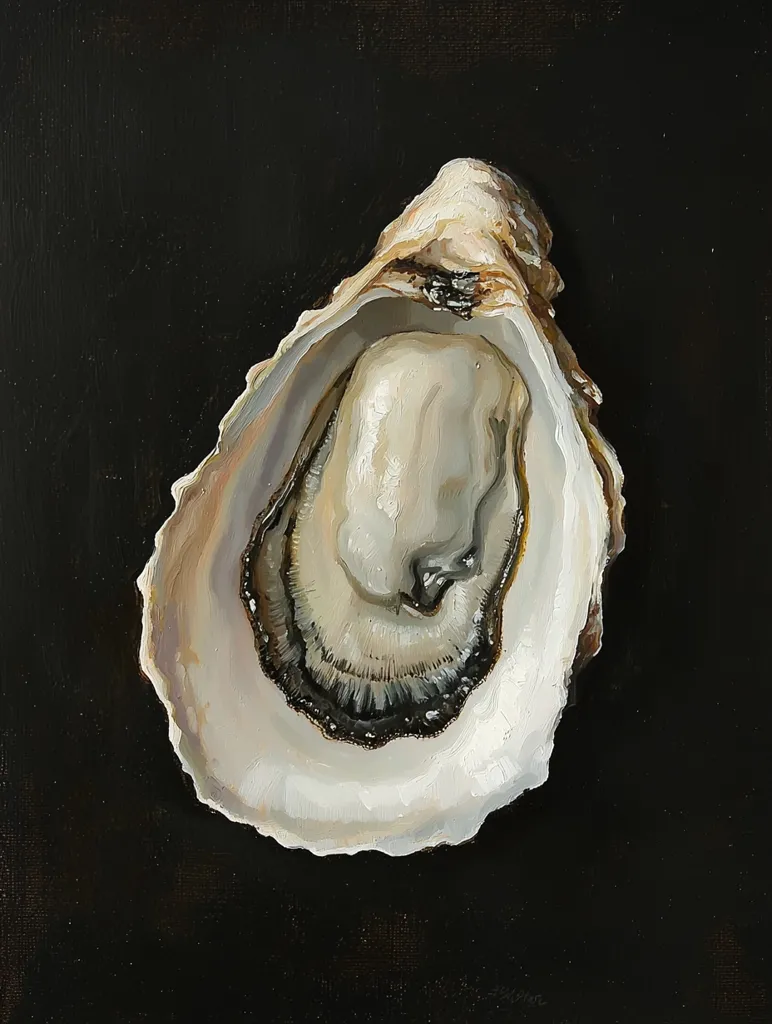 A meticulously detailed oil painting showcases a single oyster shell against a stark black background. The oyster's interior is creamy white, contrasting sharply with the dark, almost black, edges of the shell. The artist has captured the texture and subtle variations in color with remarkable precision, making the oyster appear almost three-dimensional. The dark background emphasizes the oyster, making it the focal point of the composition.