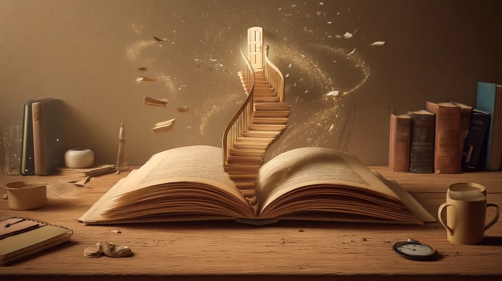 A large open book rests on a wooden table, its pages forming a magical gateway.  A golden staircase ascends from the book's center towards a glowing door, surrounded by swirling particles of light.  Other books and antique objects are scattered nearby, creating a whimsical, dreamlike scene suggesting the power of imagination and storytelling.  The overall mood is warm and inviting.