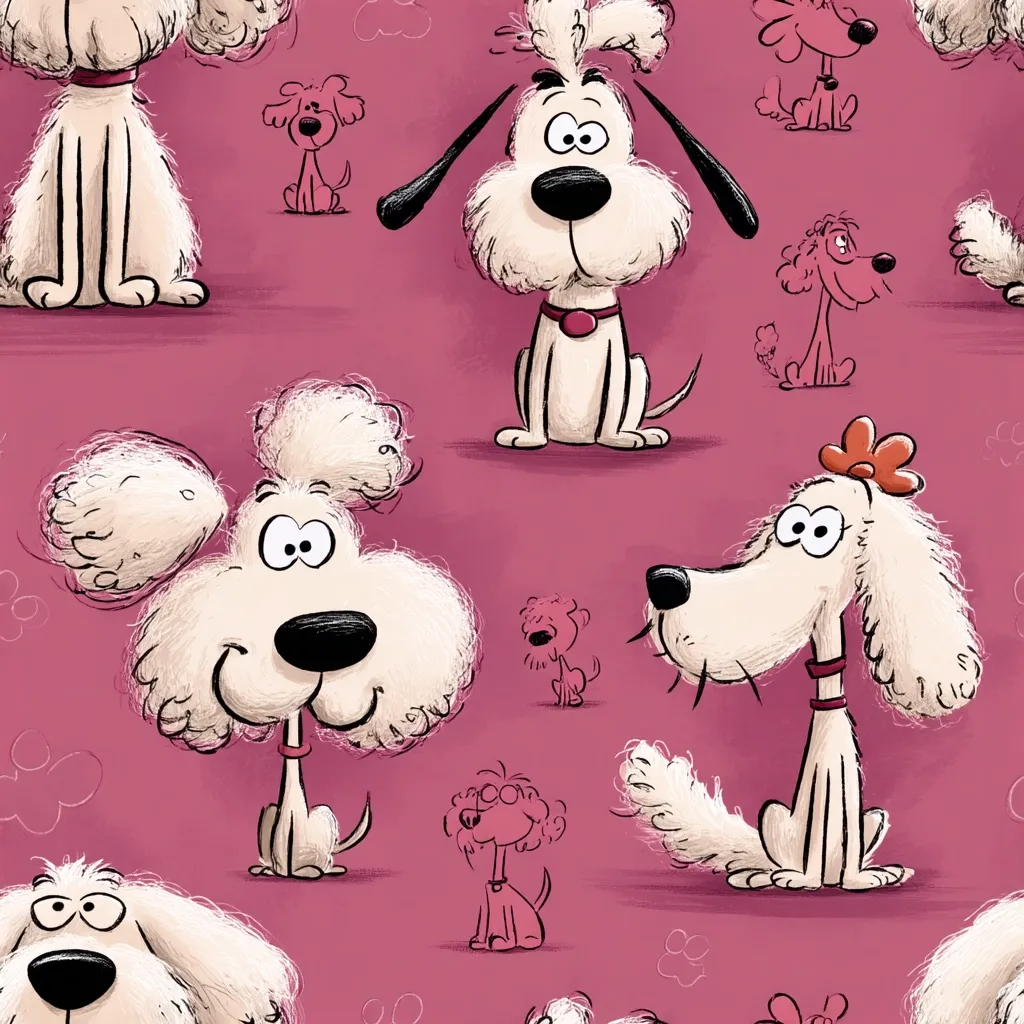 A whimsical pink background features a playful pattern of cartoon dogs.  Various breeds, mostly fluffy white dogs with expressive eyes, are depicted in different poses. Smaller, simpler red dogs are interspersed throughout, creating a charming and slightly chaotic scene.  The dogs are drawn in a slightly rough, textured style, adding to their quirky appeal.