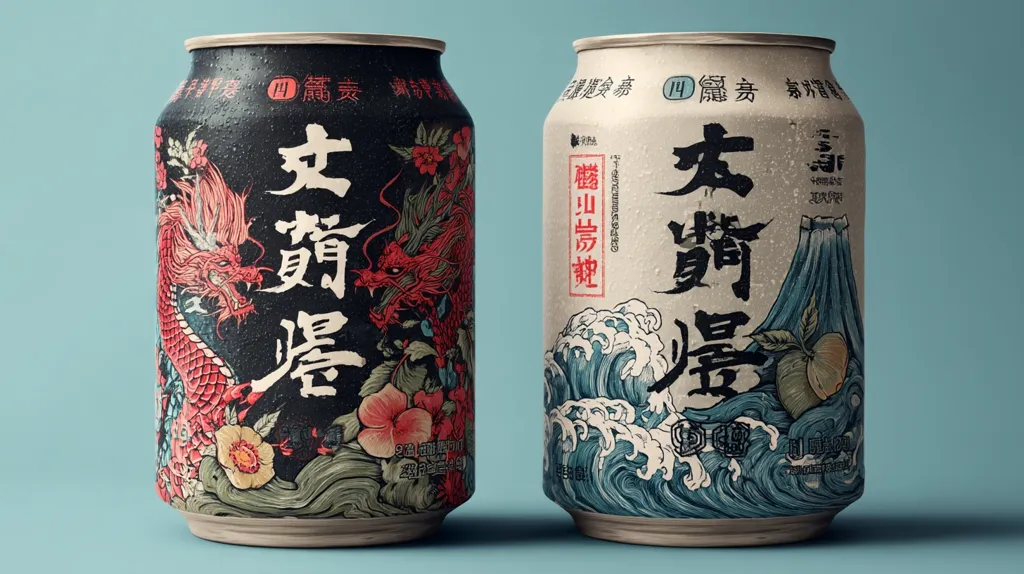 Two meticulously designed beer cans stand side-by-side.  One features a vibrant red dragon amidst floral motifs on a dark background, while the other showcases a serene wave design with a peach, both in a traditional Japanese/Chinese artistic style.  The cans boast elegant typography, suggesting a premium, culturally rich beverage.  The condensation on the cans hints at a refreshing coolness.