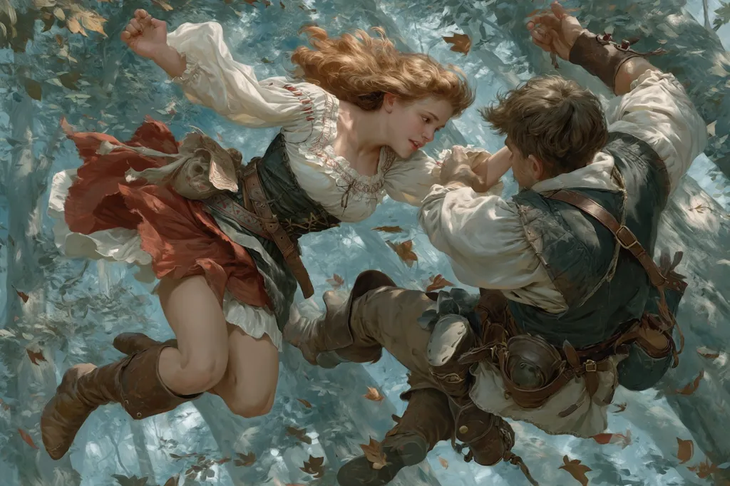 A painting depicts a young woman and man, seemingly airborne amidst a flurry of autumn leaves.  She wears a red and white dress, boots, and a leather belt, while he's in dark, medieval-style clothing with leather straps and pouches. Their bodies are intertwined, suggesting a dynamic, possibly romantic, interaction.  The style is painterly and evocative, with a dreamy, ethereal atmosphere.