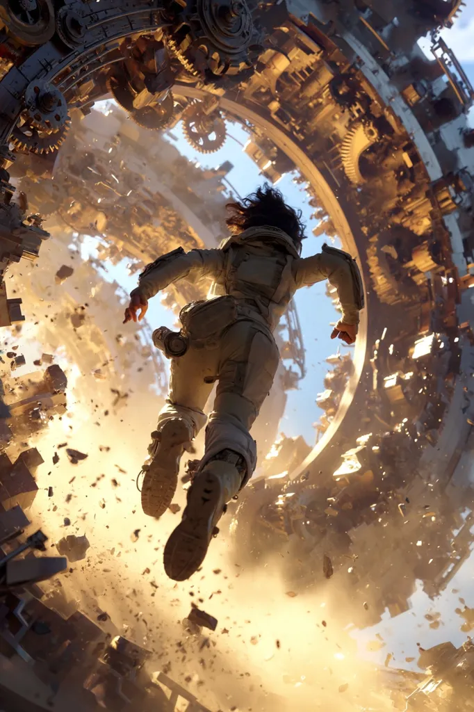 A female astronaut in a light beige spacesuit falls through a large, circular, mechanical structure.  The structure is breaking apart, sending debris flying as she descends.  Dust and particles fill the air, creating a dramatic, hazy atmosphere.  The background reveals a bright sky, contrasting with the dark, decaying machinery. The scene evokes a sense of urgency and danger.