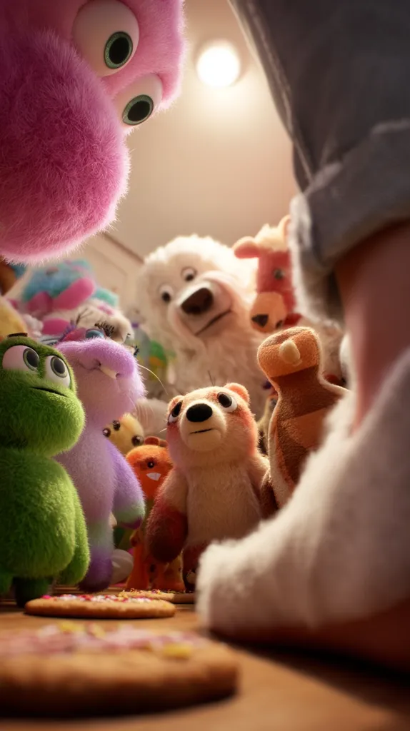 A group of colorful plush toys, including a large pink creature, a white dog, and various smaller animals, gather around cookies on a wooden surface.  A pair of legs and feet, possibly belonging to a child, are seen from above, looking down at the scene. The setting appears to be a cozy, dimly lit room. The overall feel is whimsical and heartwarming.