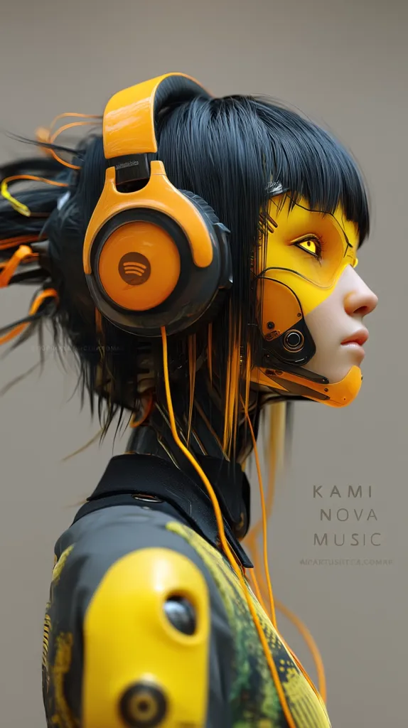 A stylized female cyborg, with vibrant yellow and black accents, is depicted wearing bright orange headphones. Her face is partially obscured by a helmet, revealing glowing yellow eyes. The image is set against a muted background, with the text "KAMI NOVA MUSIC" overlaid, suggesting a futuristic or digital music theme.  Her hair is dark, styled sharply and accented with bright yellow strands. The overall aesthetic is sleek and technological.