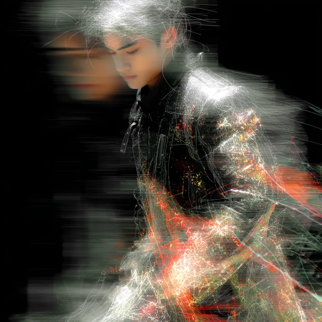 A stylized portrait of a young man, possibly a fashion photograph, is presented against a black background.  The subject, wearing a dark jacket, is depicted with a motion blur effect, creating streaks of light and color around his form. The image has a futuristic or ethereal quality, blending reality and abstract light trails. The man's expression is somber and downcast.