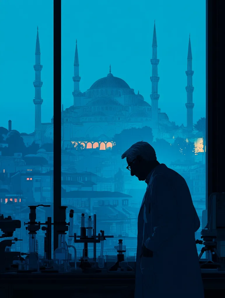 A scientist, silhouetted against a twilight cityscape, stands at a laboratory bench.  The backdrop features a prominent mosque with minarets, hinting at a location in a predominantly Muslim city.  The scene is rendered in cool, monochromatic blues, emphasizing the contrast between scientific endeavor and the historical, religious context. The overall mood is contemplative and atmospheric.